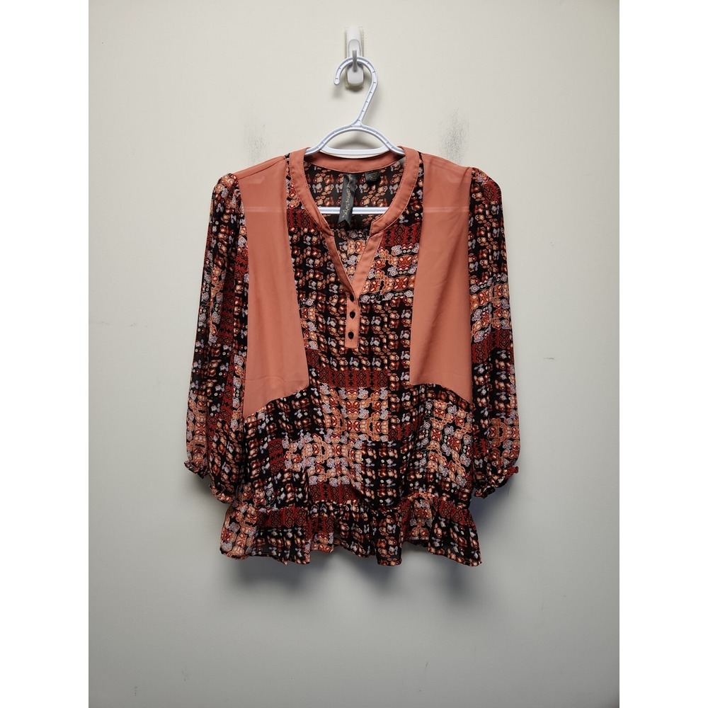 Petticoat Alley Sienna, Red,‎ Brown & Black 3/4 Sleeve Boho Blouse Size Small